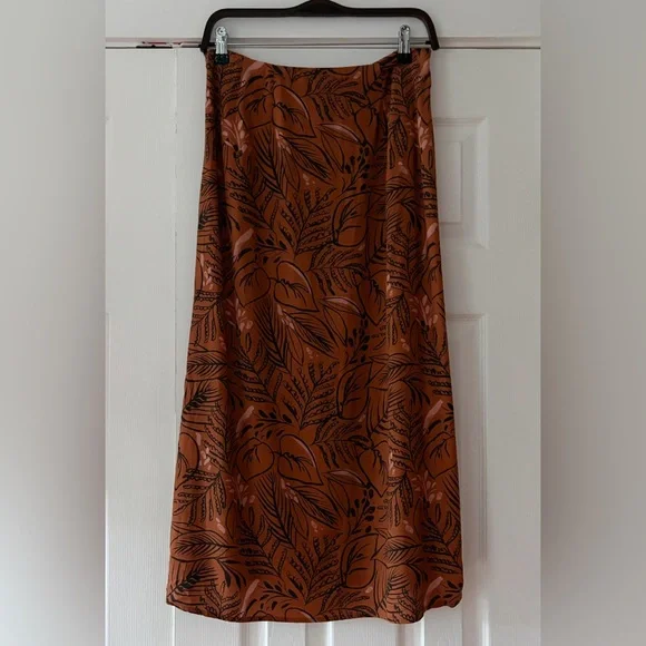 Marine Layer‎ Ryan Midi Slip Skirt Brown Leaf Print Maxi Skirt Size 8 EUC - Picture 2 of 6
